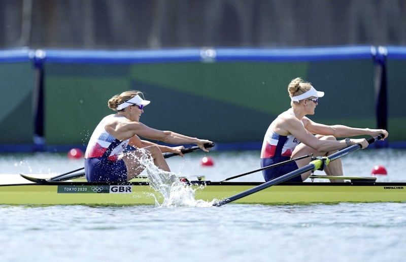 Helen Glover and Polly Swann rowing in the Tokyo Olympics 