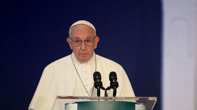Pope Francis speaking earlier today at Dublin Castle. Picture by Niall Carson, Press Association