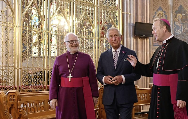 The Prince of Wales with Catholic Archbishop Archbishop Eamon Martin, right, and his Church of Ireland counterpart Dr Richard Clarke, left, during a visit to St Patrick&#39;s Catholic Cathedral on the second day of the royal couple&#39;s visit to Northern Ireland Picture by Joe Giddens/PA 