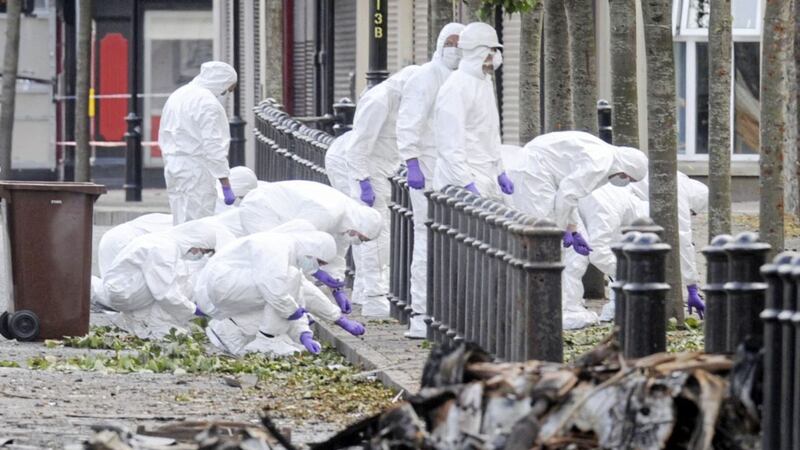 The aftermath of an ONH bomb outside a PSNI station in Derry in 2012 