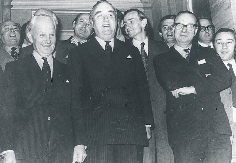 Former Secretary of State William Whitelaw pictured with Brian Faulkner and Gerry Fitt