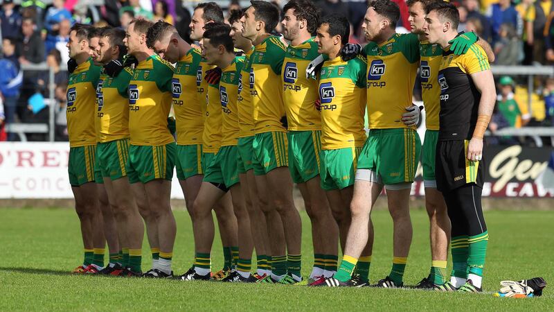 Donegal's players line up for the national anthem ahead of Saturday's Ulster SFC replay against Monaghan at Breffni Park<br />Picture by Philip Walsh &nbsp;