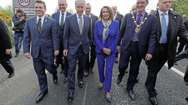 Influential US politicians Richard Neal and Nancy Pelosi, pictured centre, visited the Derry-Donegal border last month and emphasised the importance of an open border post-Brexit. Picture by Niall Carson/PA Wire 