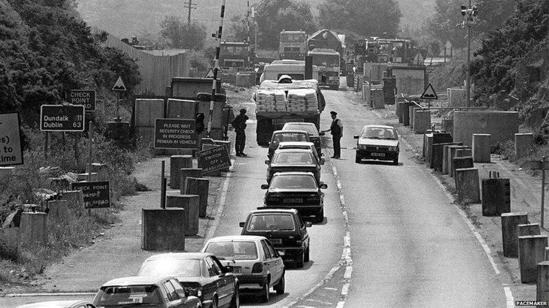 A border crossing manned by the British army and RUC in the 1980s 