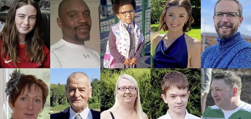 The ten people who died in the Creeslough tragedy were, (top row, left to right) Leona Harper, 14, Robert Garwe, 50, Shauna Flanagan Garwe, five, Jessica Gallagher, 24, and James O&#39;Flaherty, 48, and (bottom row, left to right) Martina Martin, 49, Hugh Kelly, 59, Catherine O&#39;Donnell, 39, her 13-year-old son James Monaghan, and Martin McGill, 49. Picture by An Garda Siochana /PA Wire ...... 