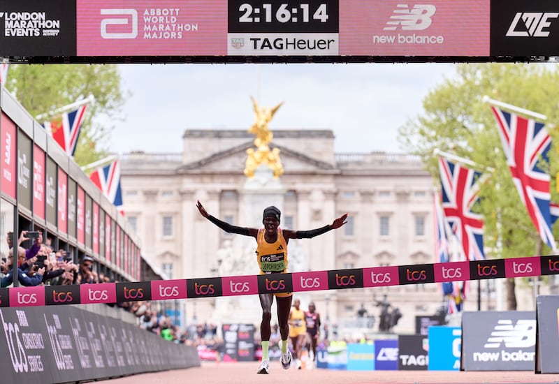 Olympic champion Peres Jepchirchir, from Kenya, crosses the finish line beating the women’s-only world record and winning the London Marathon in two hours, 16 minutes and 16 seconds