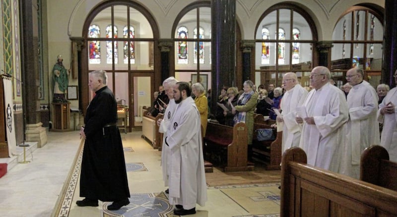 Clergy at the Mass of Thanksgiving to celebrate 150 years of Holy Cross. Picture by Ann McManus 