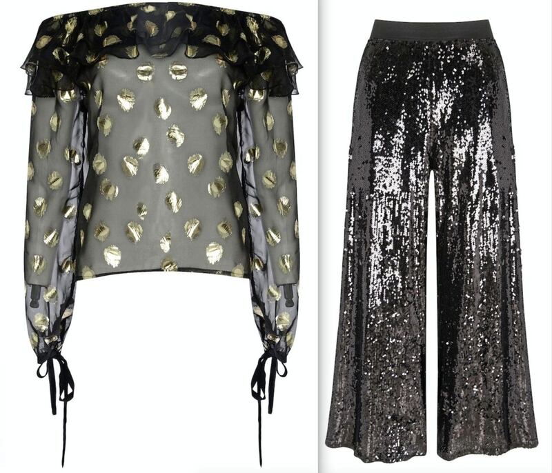 Glamorous Black Sheer Gold Spot Bardot Top, &pound;36; Simply Be Sequin Palazzo Trousers, &pound;60 