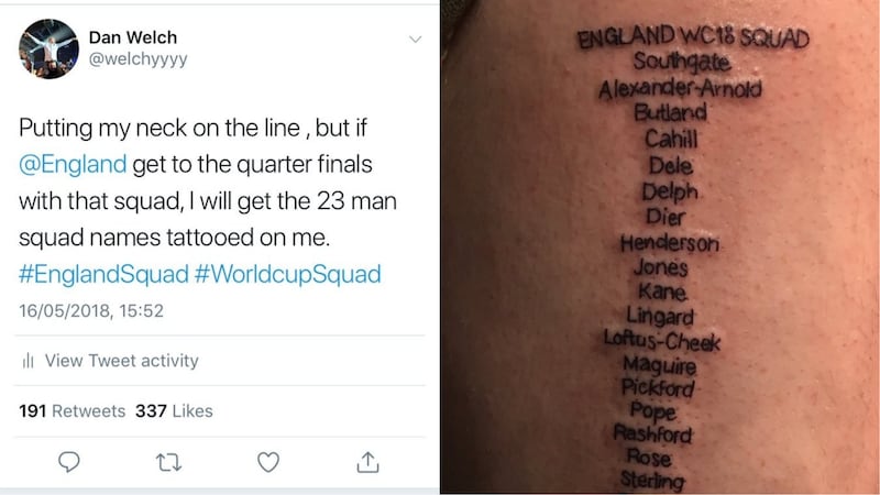 A tattoo of the England squad at the 2018 World Cup