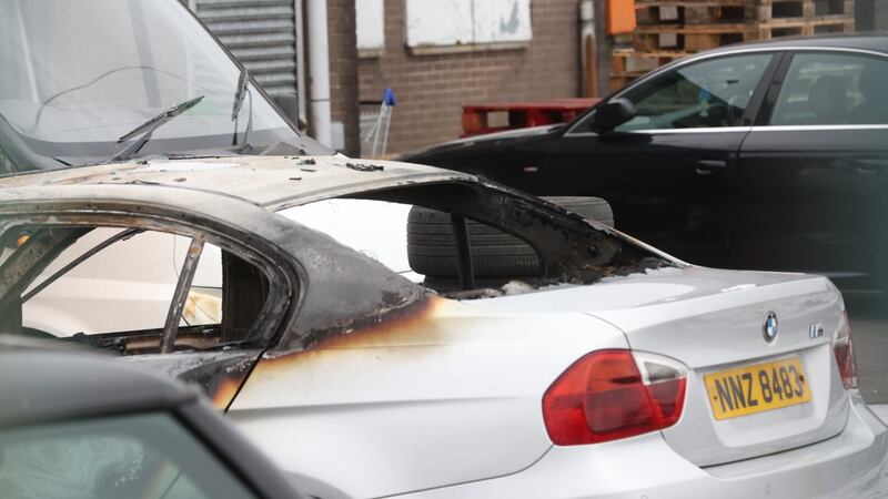 More than 25 vehicles were damaged in the Landsdowne Industrial Estate in Newtownards. Picture by Mal McCann