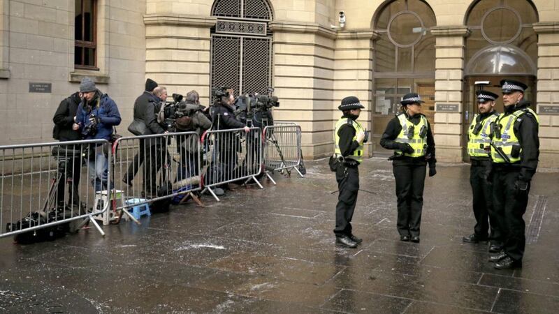 Media and police at Edinburgh Sheriff Court where former Scottish first minister Alex Salmond appeared on Thursday after he was arrested and charged by police. Picture: Jane Barlow/PA 