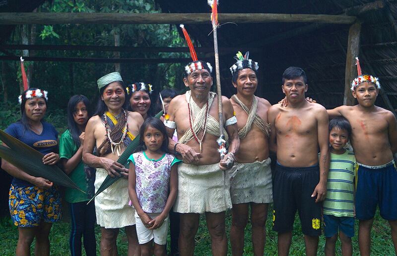 Some members of the Waorani community of Teweno in a welcoming ceremony to receive us. Photograph by Emilia Paz y Miño for GK.