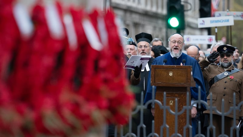 Chief Rabbi Sir Ephraim Mirvis speaking at the annual parade by Ajex at the Cenotaph (Stefan Rousseau/PA)