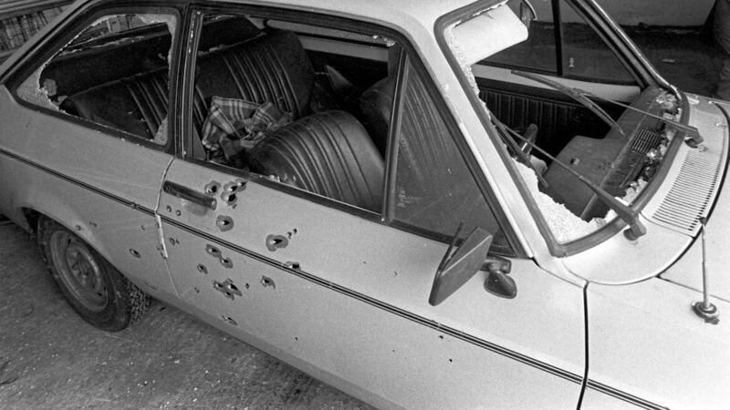 The bullet riddled car in which Gervaise McKerr, Eugene Toman and Sean Burns were shot dead by the RUC in Lurgan in 1982 