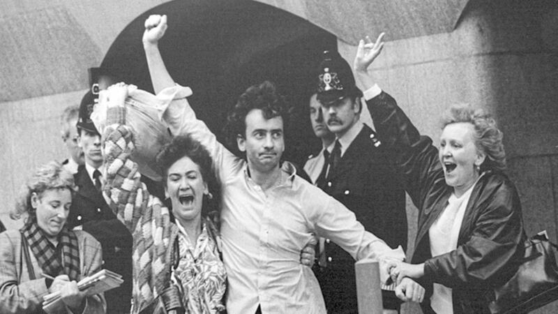 October 1989 - Free at last. Flanked by his sisters, Gerry Conlon emerges from the Old Bailey, the Guildford Four&#39;s convictions finally quashed. Picture by Hugh Russell 