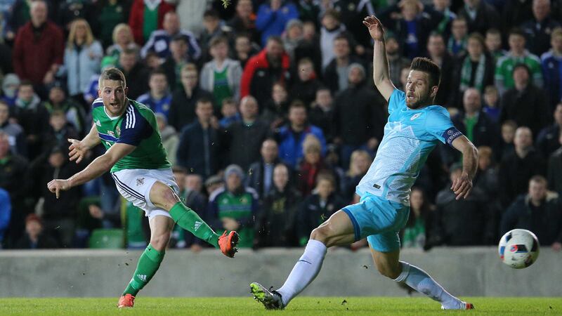 &nbsp;<span style="font-family: Arial, sans-serif; ">Conor Washington fires home the winning goal against Slovenia at Windsor Park last night. Pictures: Pacemaker</span>