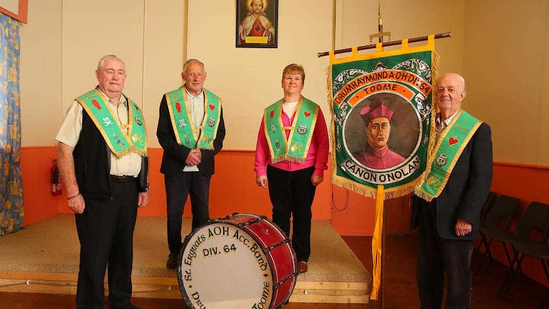 Seamus Toal, Dolores McErlane, Edmund O&#39;Donnell and Donald McCann, who are Members of Drumraymond AOH, near Toomebridge, prepare for this weekend&#39; parade in Ballycastle Picture by Mal McCann. 