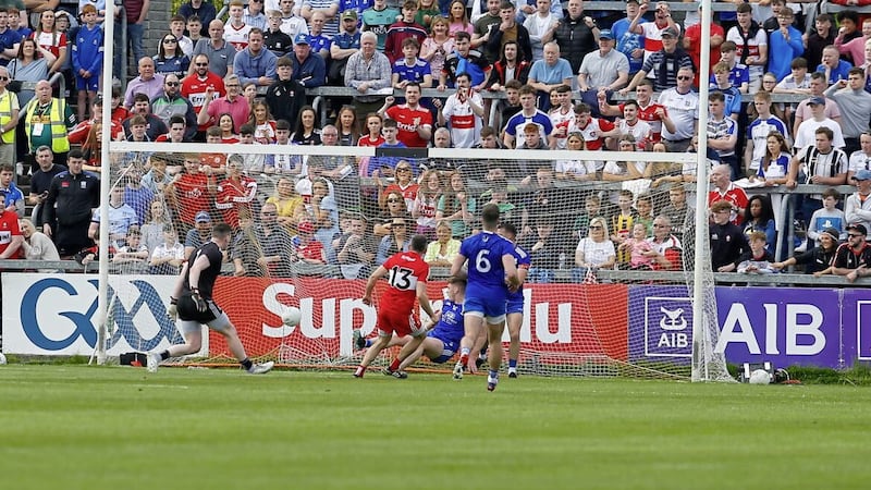 Derry&#39;s Benny Heron at the double against Monaghan in 2022 Picture: Philip Walsh 