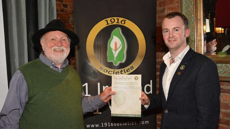 Kevin Martin pictured with Derek Warfield of The Young Wolf Tones during a 1916 &#39;One Ireland One Vote&#39; event in New York last week.                             