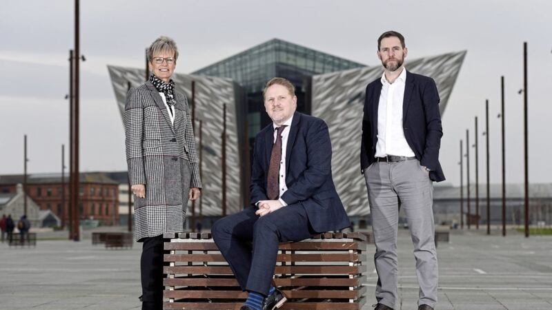 Kevin Kelly (right) from the Management &amp; Leadership Network is joined by Dr Judith Gillespie CBE and Professor Neil Gibson, who will both speak at the Management &amp; Leadership Summit (www.mln.org.uk/summit) at Titanic Belfast this Friday. Photo: Michael Cooper 