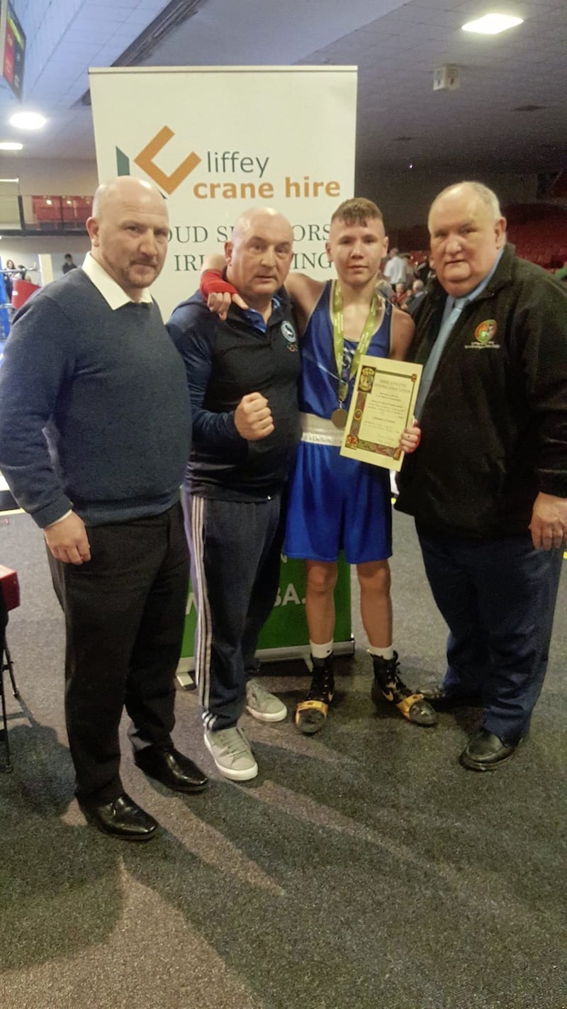 Light-flyweight champion Dylan Eagleson with St Paul&#39;s coach Ralph McKay, IABA chief executive Fergal Carruth (left) and IABA president Dominic O&#39;Rourke 
