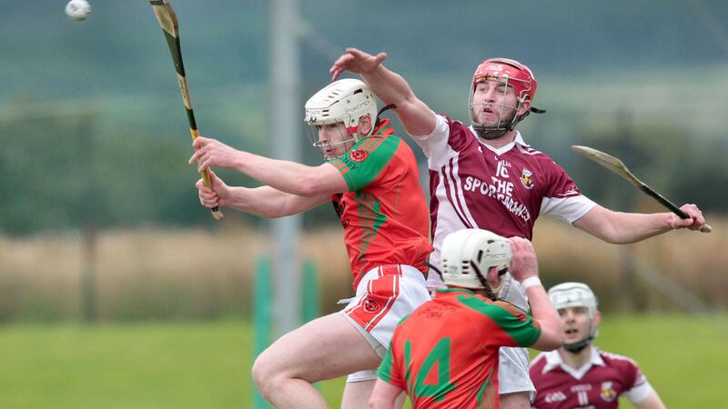 Lavey's Dermot O'Neill in a mid-air challenge with Ciar&aacute;n Lynch of Banagher during the Derry SHC quarter-final at Owenbeg last Saturday. Lavey won the game by a single point &nbsp;<br />Picture: Margaret McLaughlin