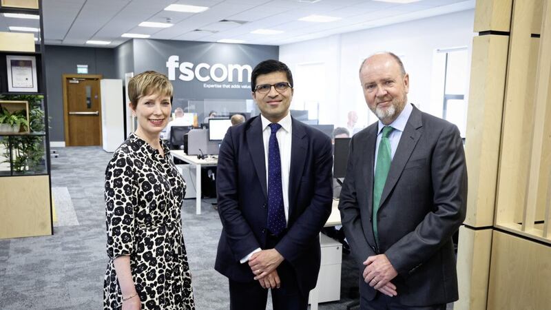 Pictured in Belfast are fscom director Alison Donnelly and chairperson Alex Lee with FCA chief executive Nikhil Rathi (centre) 