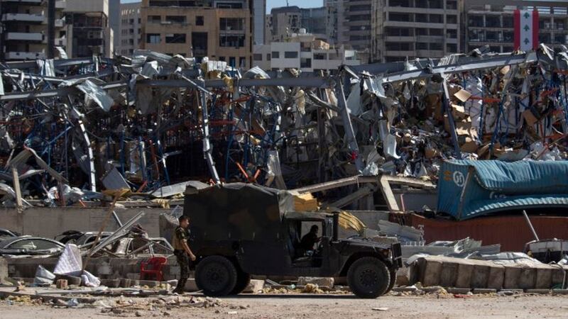 Lebanese soldiers guard the site of the August&nbsp;4 deadly blast in the port of Beirut that killed scores and wounded thousands, in Beirut. Picture by Hassan Ammar, AP