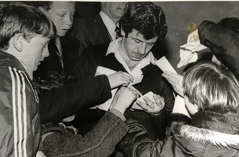 Gerry Armstrong signs autographs ahead of the 1982 World Cup in Spain 