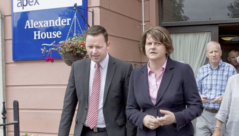 DUP leader Arlene Foster and Gary Middleton MLA after visiting Alexander House, a residential home for older people, on Bishop Street in Derry on Saturday. Picture by Margaret McLaughlin 