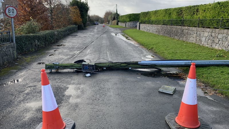 A telegraph pole down on the Maree Rd, Oranmore, Co Galway (PA)