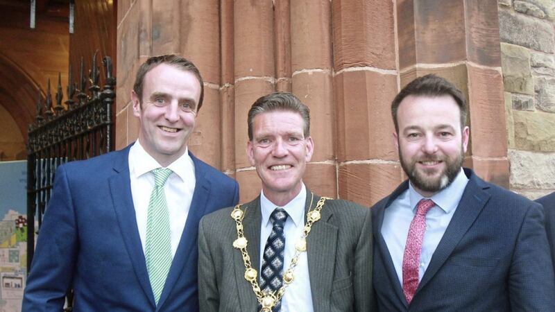 The new mayor of Derry and Strabane council, John Boyle, at the Guildhall with SDLP colleagues Mark H Durkan and Colum Eastwood. Picture by Margaret McLaughlin 