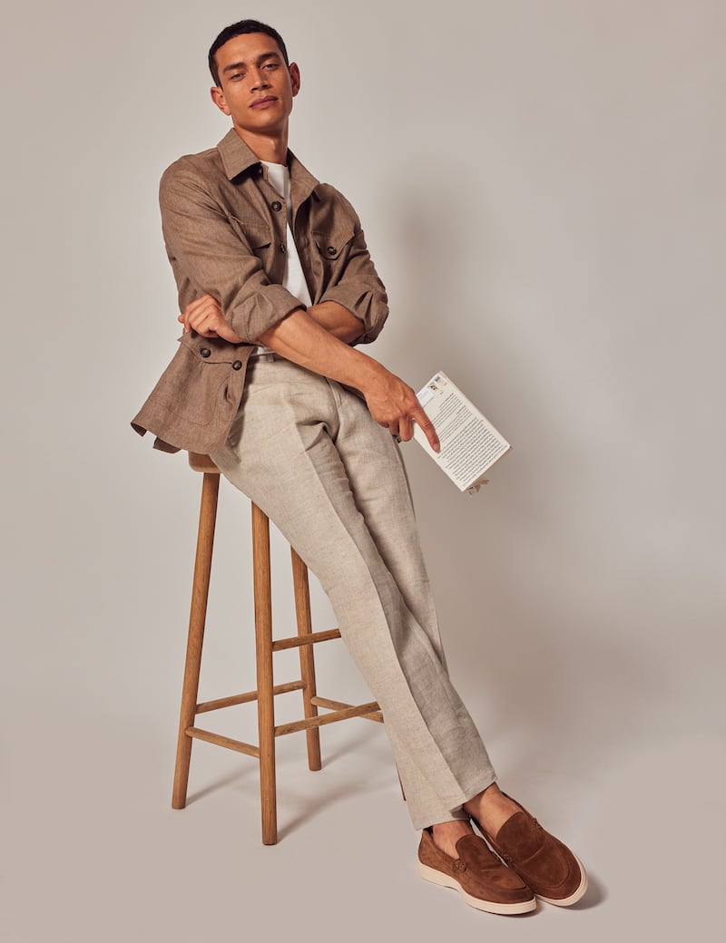 Hawes and Curtis Brown Linen Shirt Jacket; White Mercerised Cotton T-shirt; Natural Herringbone Tailored Linen Trousers; Light Brown Suede Leather Casual Loafers
