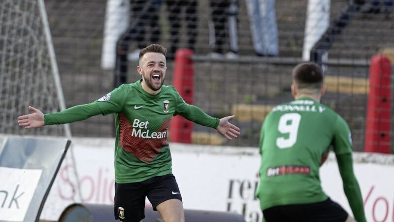 Glentoran&#39;s Conor McMenamin celebrates his goal against Glenavon with Jay Donnelly. The duo&#39;s scoring prowess could be the difference in tonight&#39;s European play-off against Larne Picture: Desmond Loughery/Pacemaker Press 