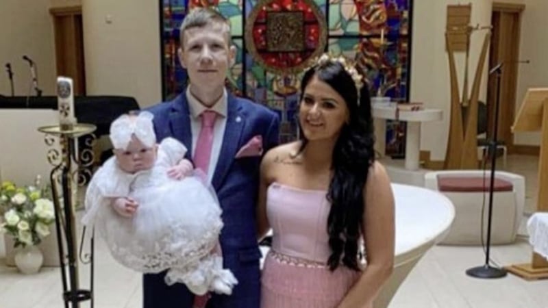 Marc Amos, who passed away on Monday at the age of 26, pictured with his fiance, Cliodhna Cosgrove and the couple&#39;s daughter, Darcie, who is now seven-months-old 