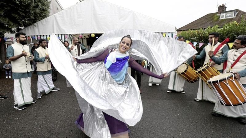 Dancers entertain during the West Belfast Diversity Festival at the weekend. Belfast Picture by Hugh Russell. 