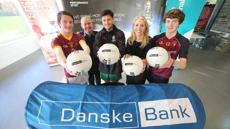 Ulster Colleges treasurer Se&aacute;n McGourty, Queen&rsquo;s GAA Academy athlete Martin Clarke and Danske Bank head of marketing Nicola McCleery launch the Danske Bank Queen&rsquo;s University Future Stars Awards Scheme at Queen&rsquo;s alongside Future Stars final trialists Fintan Canavan (St Patrick&rsquo;s, Downpatrick) and Jack Lenehan (St Ronan&rsquo;s, Lurgan)