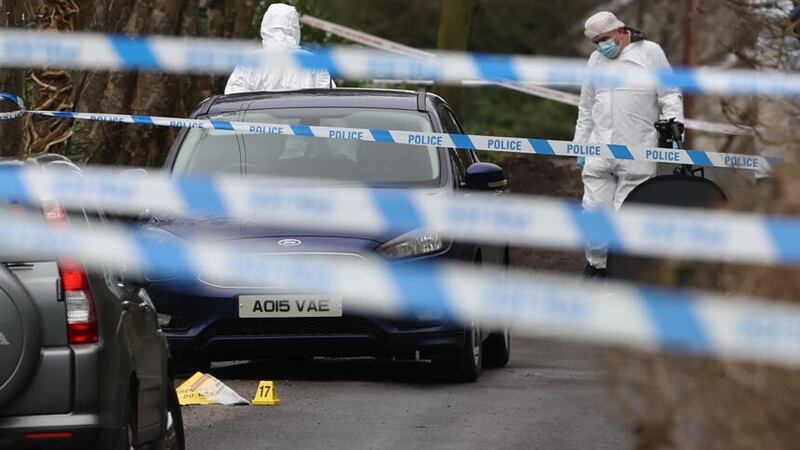 Forensic officers at the sports complex in the Killyclogher Road area of Omagh, Co Tyrone, where off-duty PSNI Detective Chief Inspector John Caldwell was shot a number of times by masked men in February 2023 