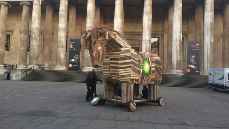 The stunt was in protest at the oil giant’s sponsorship of the museum’s Troy exhibition.