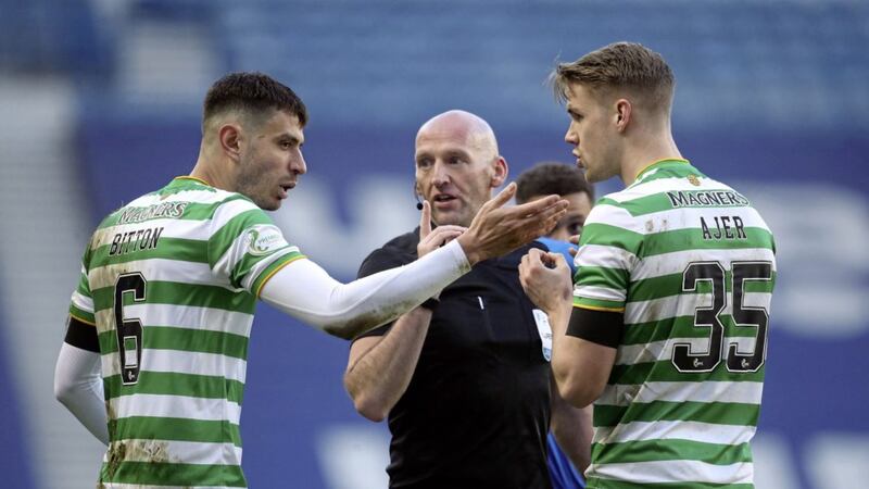 Celtic&#39;s Nir Bitton reacts after being sent off during the Scottish Premiership match at Ibrox Stadium in January 2021. Bitton has said the red card was one of the toughest moments of his life  