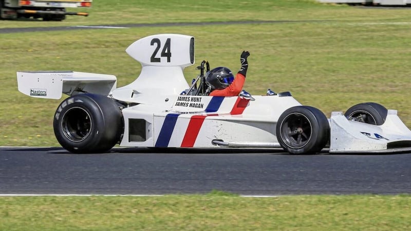 James Hagan waving to the crowd after winning the 2023 Phillip Island Historic Grand Prix in Australia last month in an F1 car once driven by James Hunt 