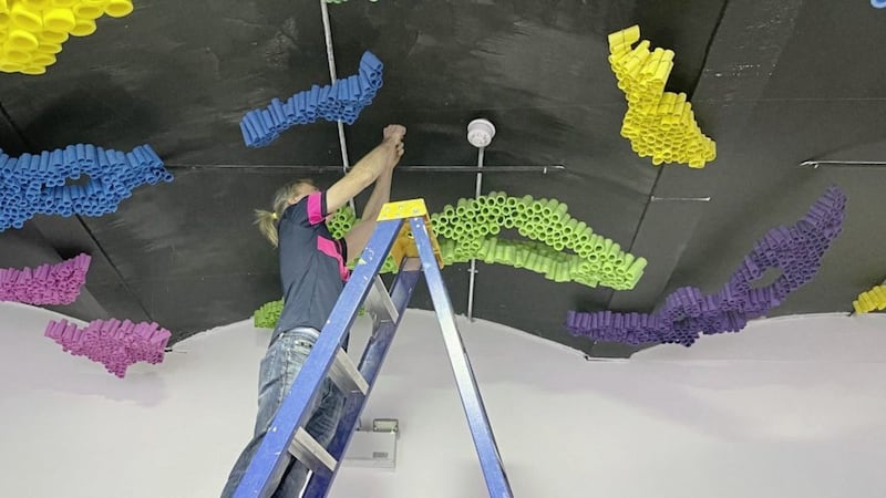 Brendan Jamison spent eight weeks constructing the Flow ceiling sculpture at Sticky Fingers Arts Centre 