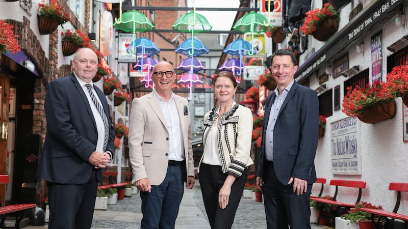 L-R: Ciaran O’Neill, chair of the HATS Network and managing director of Bishops Gate Hotel; Colin Neill, Hospitality Ulster; Kate Nicholls, UK Hospitality; and David Roberts, Tourism Northern Ireland.