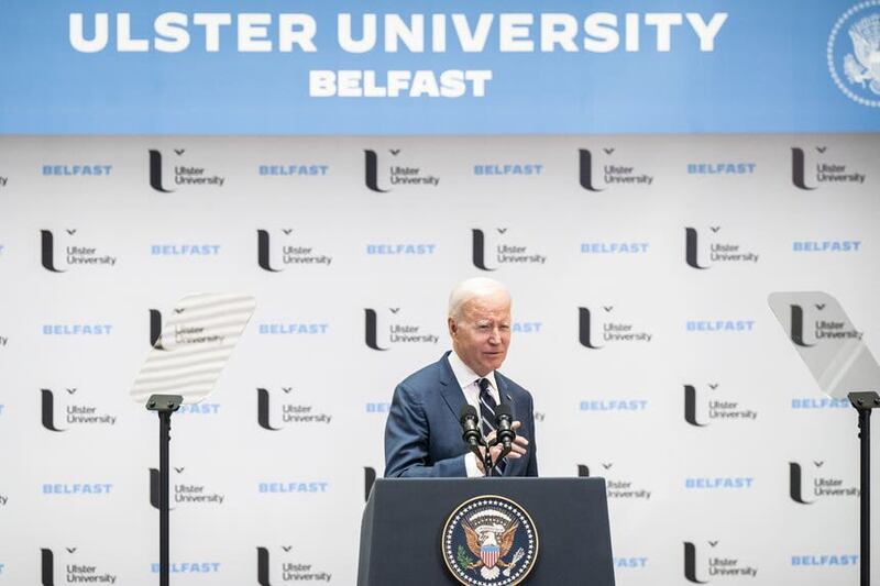 US President Joe Biden delivers his keynote speech at Ulster University in Belfast (Aaron Chown/PA).