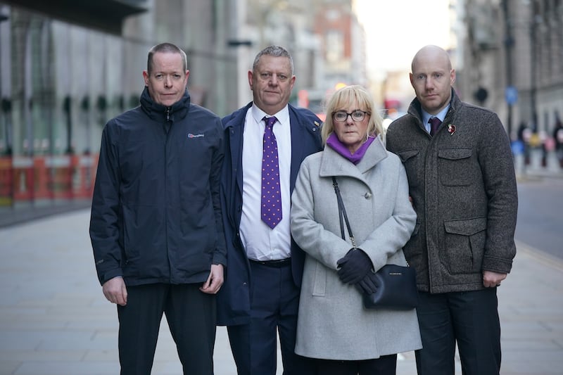 Andrew Wails, Gary Furlong, Jan Furlong and Gary Furlong Jnr outside the Old Bailey for the inquest for victims of the Reading terror attack