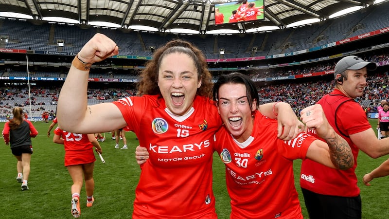 Cork's Sorcha McCartan celebrates after the final whistle with Ashling Thompson after the Glen Dimplex All-Ireland Senior Camogie Championship Final at Croke Park on Sunday     Picture: Ben Brady/Inpho