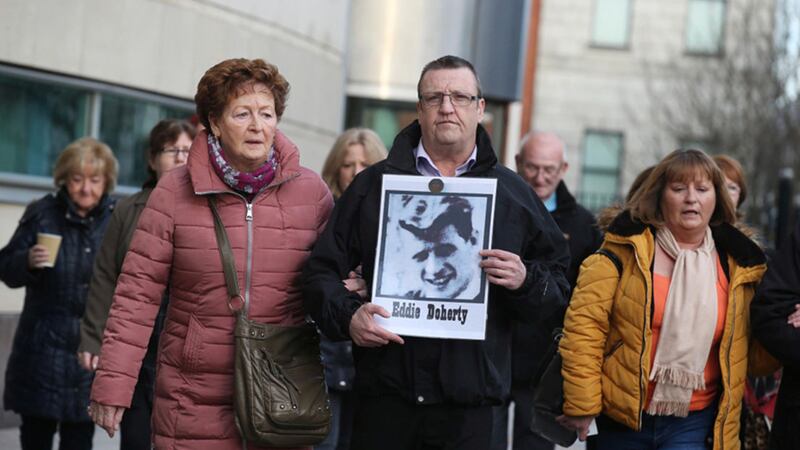 The son and sister of Eddie Doherty, Patrick and Kathleen, at court in Belfast for the Inquest. Picture by Hugh Russell&nbsp;