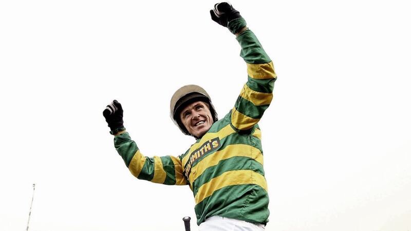 Tony McCoy celebrates after winning the John Smith&#39;s Grand National on Don&#39;t Push It at Aintree in 2010 