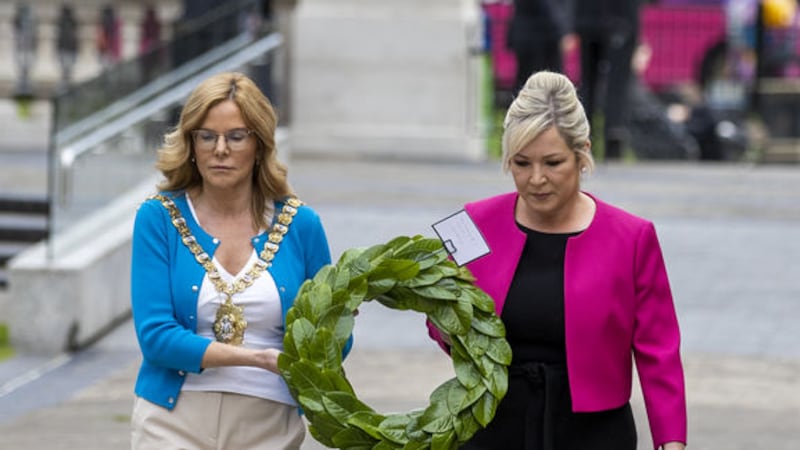 Belfast Lord Mayor Tina Black (left) with Sinn Fein Vice-President Michelle O'Neill lay a wreath at the Cenotaph in Donegall Square West in Belfast, marking the anniversary of the first day of the Battle of the Somme in 1916. Picture by Liam McBurney/PA Wire&nbsp;