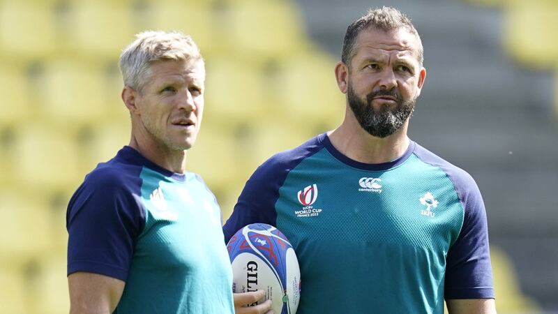 Ireland defence coach Simon Easterby, left and head coach Andy Farrell, right, are preparing to face South Africa in Paris (Andrew Matthews/PA)